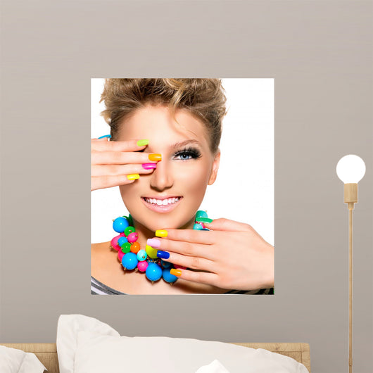 Beauty Girl with Colorful Makeup, Nail polish and Accessories