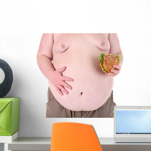 Fat man holding sandwich, isolated on white Wall Decal