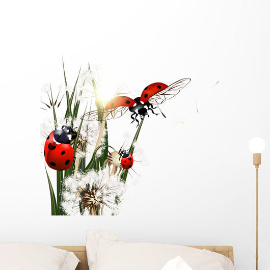 Background with vector green grass, dandelions and ladybirds Wall Decal