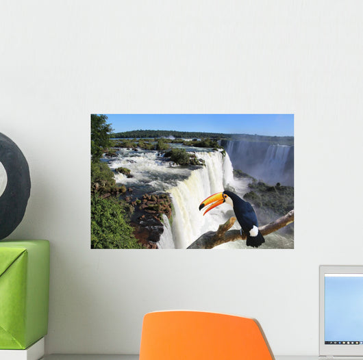 Iguazu Waterfall with a giant toucan bird in foreground Wall Mural