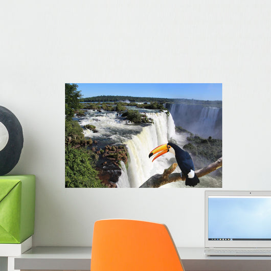 Iguazu Waterfall with a giant toucan bird in foreground Wall Mural