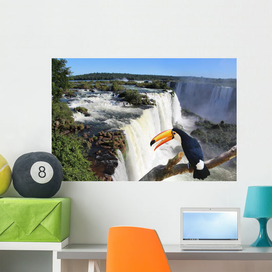 Iguazu Waterfall with a giant toucan bird in foreground Wall Mural