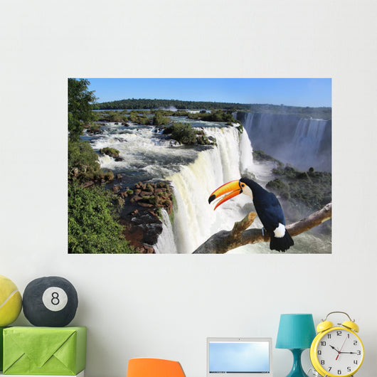 Iguazu Waterfall with a giant toucan bird in foreground Wall Mural