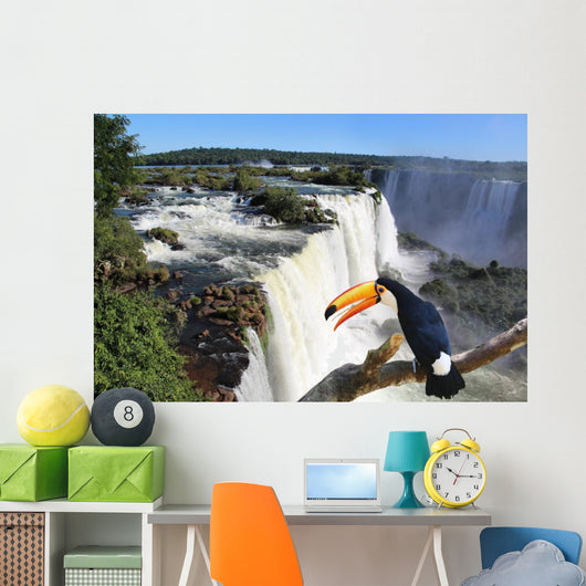 Iguazu Waterfall with a giant toucan bird in foreground Wall Mural