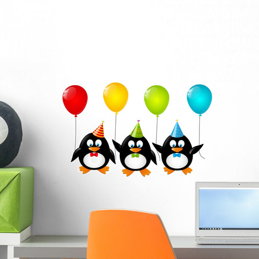 Funny Penguins with Color Balloons Wall Decal