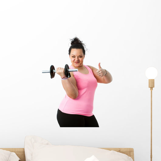 Overweight fitness girl doing thumbs up. Wall Decal