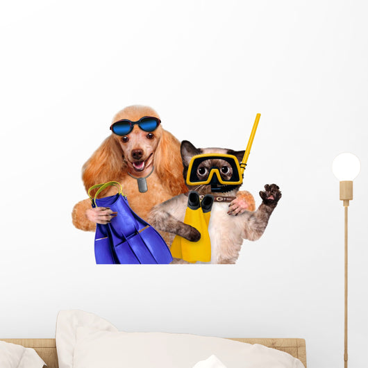 Dog with cat diver. Wall Decal