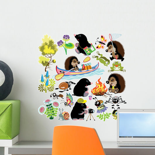 set with mole and hedgehog in camping Wall Decal