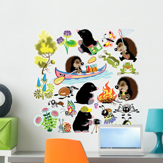 set with mole and hedgehog in camping Wall Decal