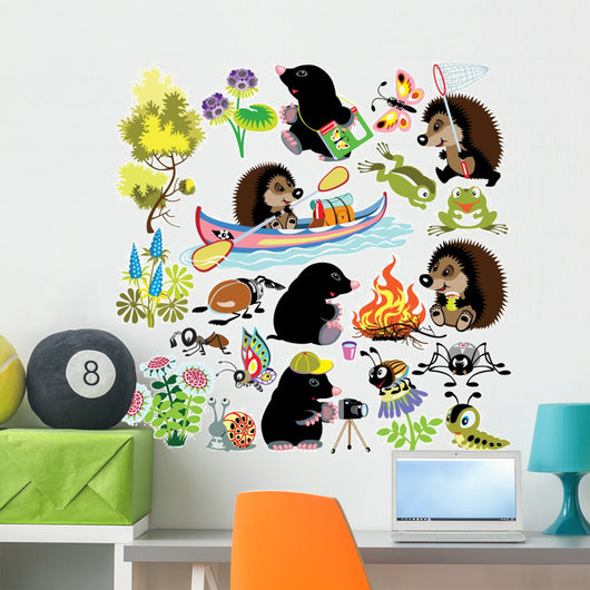 set with mole and hedgehog in camping Wall Decal