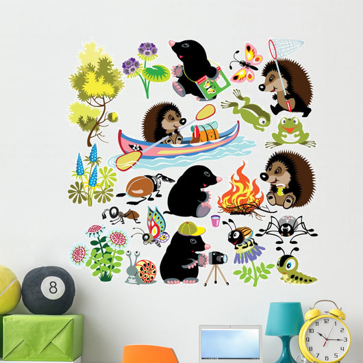 set with mole and hedgehog in camping Wall Decal