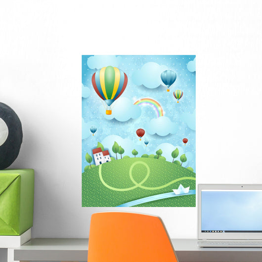 Fantasy landscape with hot air balloons and river Wall Mural