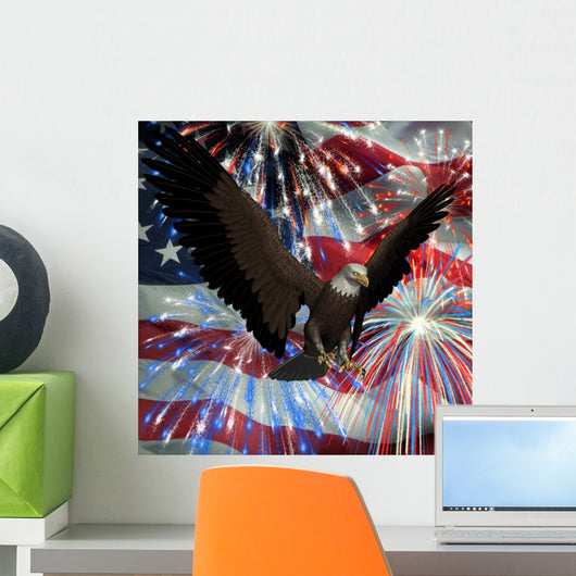eagle over fireworks and usa flag Wall Mural