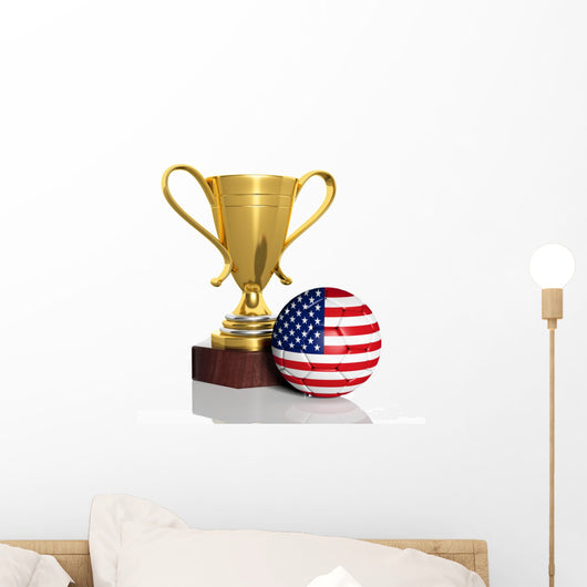 Golden Trophy and Ball with Flag of Usa Isolated Wall Decal