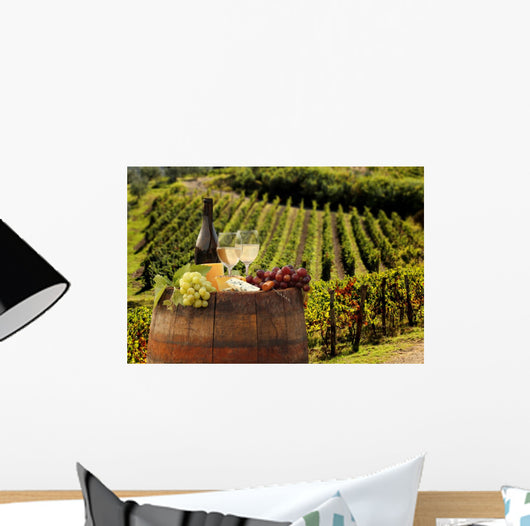 White wine with barell in vineyard, Chianti, Tuscany, Italy Wall Mural