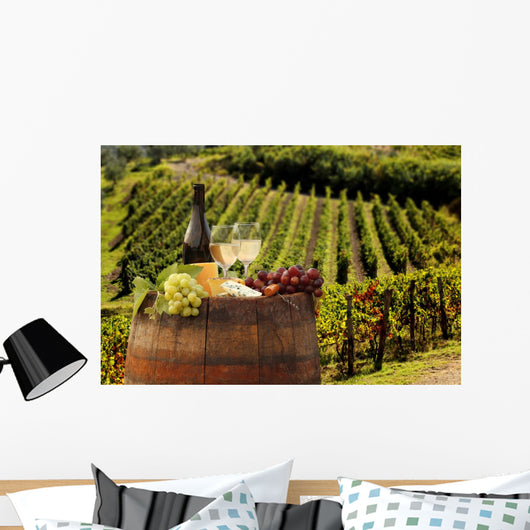 White wine with barell in vineyard, Chianti, Tuscany, Italy Wall Mural