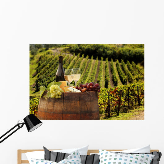 White wine with barell in vineyard, Chianti, Tuscany, Italy Wall Mural
