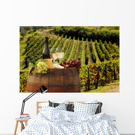 White wine with barell in vineyard, Chianti, Tuscany, Italy Wall Mural