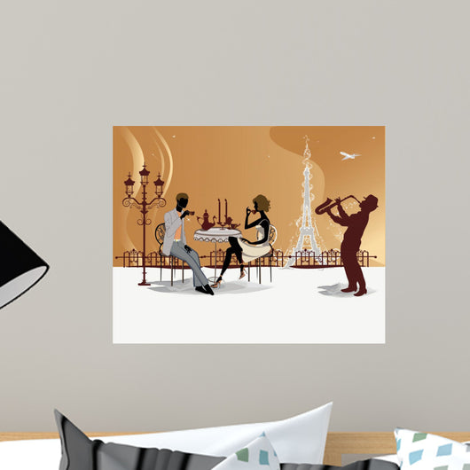 Romantic couple drinking coffee in the Paris restaurant Wall Mural
