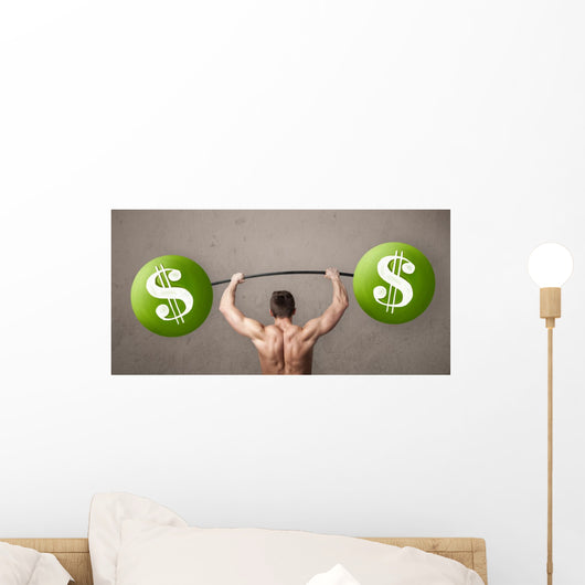 muscular man lifting green dollar sign weights Wall Mural