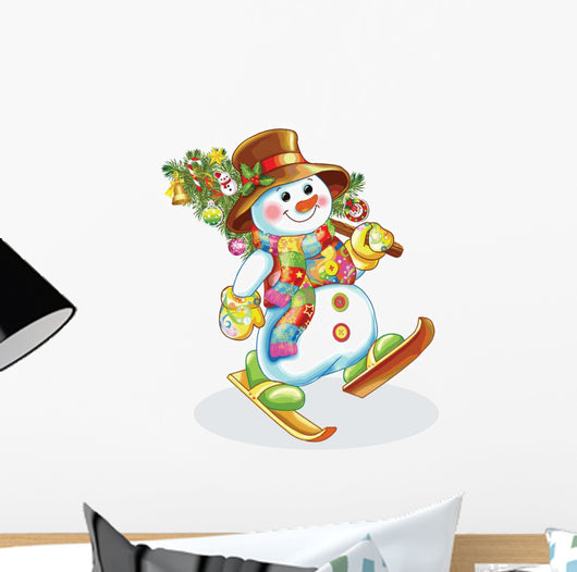 Cheerful Snowman With Christmas Tree Wall Decal
