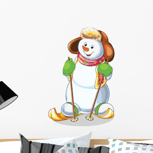 funny snowman skiing on white background Wall Decal