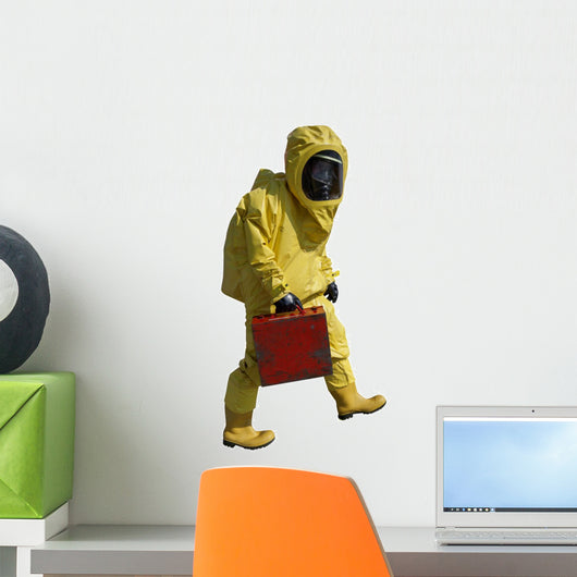 Man with briefcase in protective hazmat suit. Isolated on white. Wall Decal