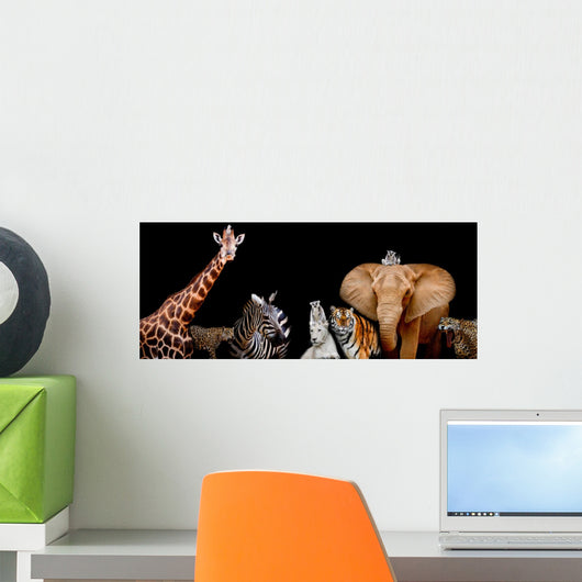 A group of animals are together on a black background with text Wall Mural