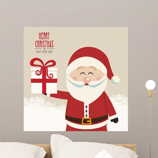 santa claus hold christmas gift snowy background Wall Mural
