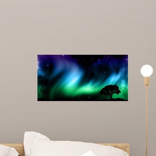 Night sky with norther lights with tree silhouettes Wall Mural