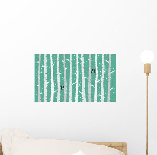Vector Birch or Aspen Trees with Snow and Love Birds  Wall Mural
