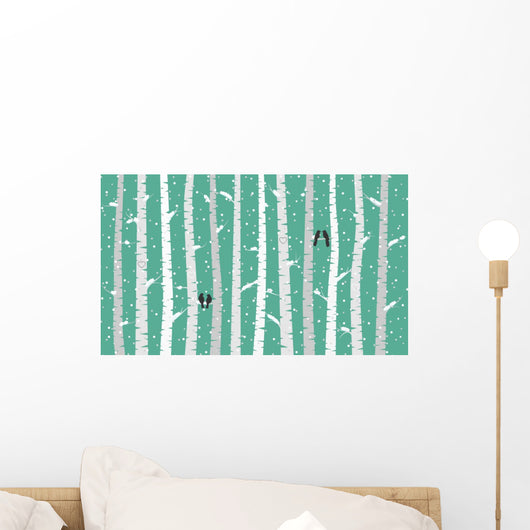 Vector Birch or Aspen Trees with Snow and Love Birds Wall Mural