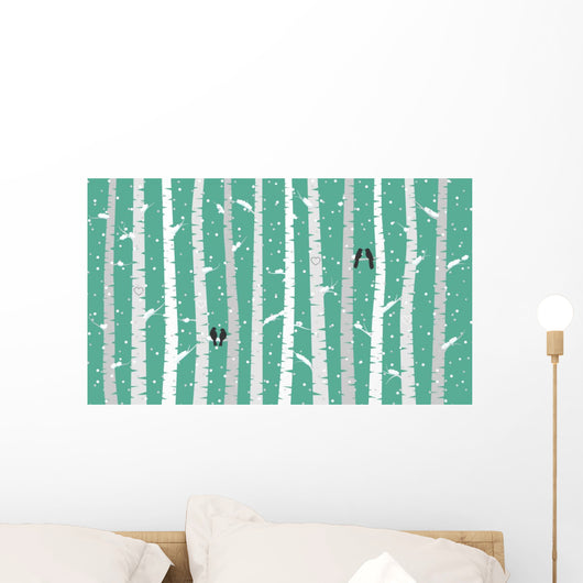 Vector Birch or Aspen Trees with Snow and Love Birds  Wall Mural