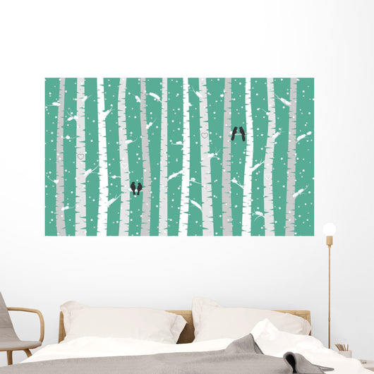 Vector Birch or Aspen Trees with Snow and Love Birds  Wall Mural