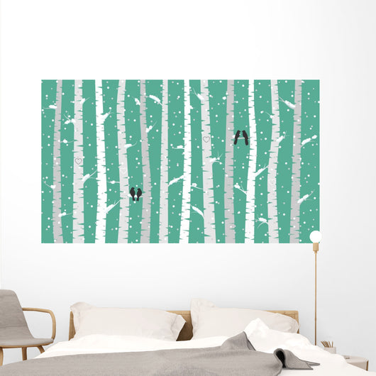 Vector Birch or Aspen Trees with Snow and Love Birds  Wall Mural