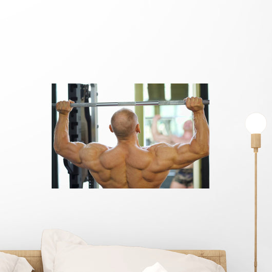 Back of Bodybuilder Raising Barbell in Gym Hall before Mirror Wall Mural