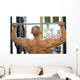 Back of Bodybuilder Raising Barbell in Gym Hall before Mirror Wall Mural