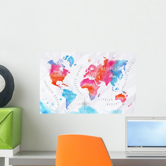 Watercolor World Map Pink Wall Decal
