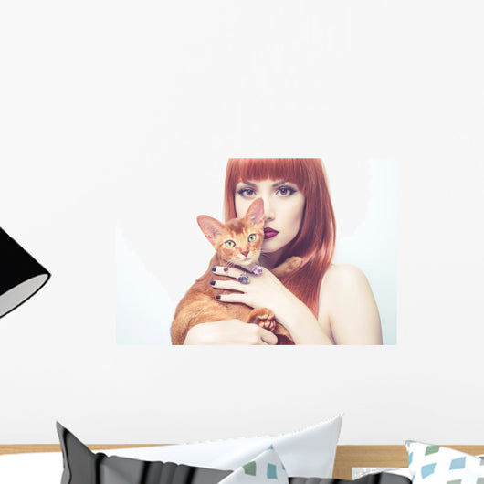 Beautiful lady with Abyssinian cat Wall Mural