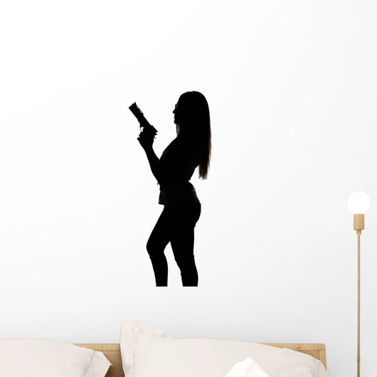 Silhouette of young sexy woman with gun Wall Decal