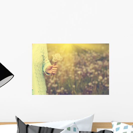 Woman with bunch of dandelion flowers in hand Wall Mural