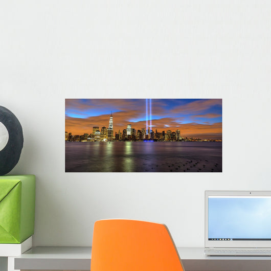 New York City skyline with 9-11 tribute light Wall Mural