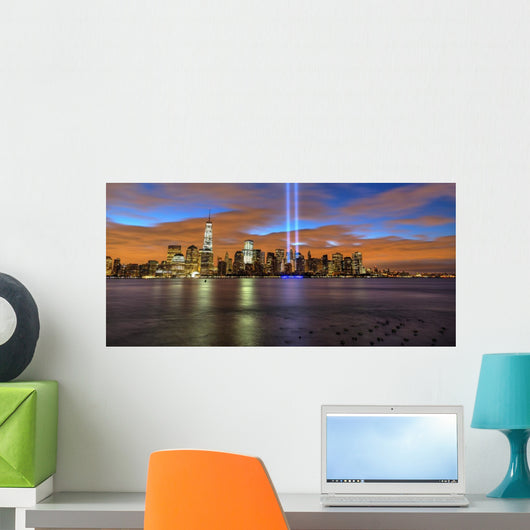 New York City skyline with 9-11 tribute light Wall Mural