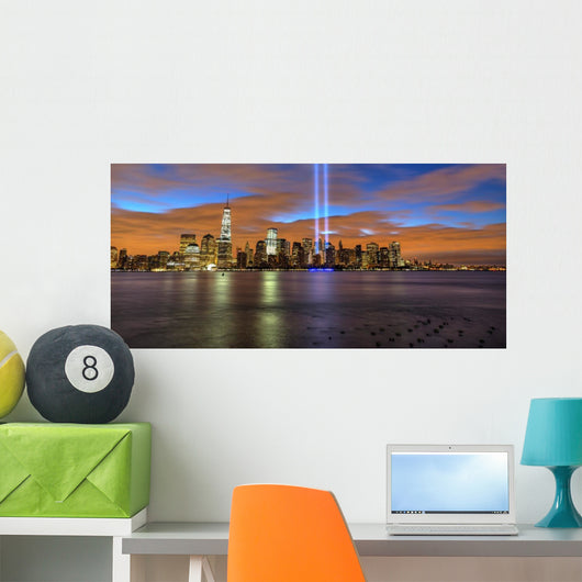 New York City skyline with 9-11 tribute light Wall Mural