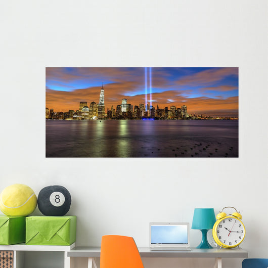 New York City skyline with 9-11 tribute light Wall Mural