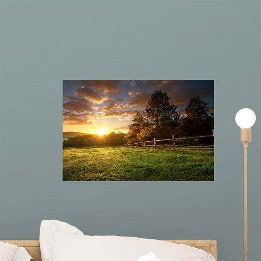 Picturesque landscape, fenced ranch at sunrise Wall Mural