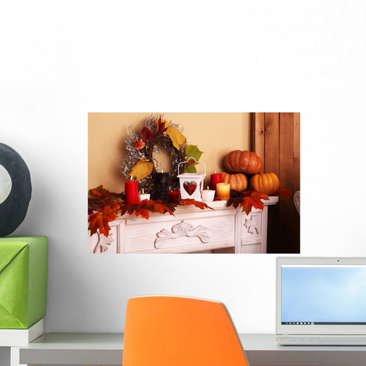 Festive autumn decor on fireplace Wall Mural