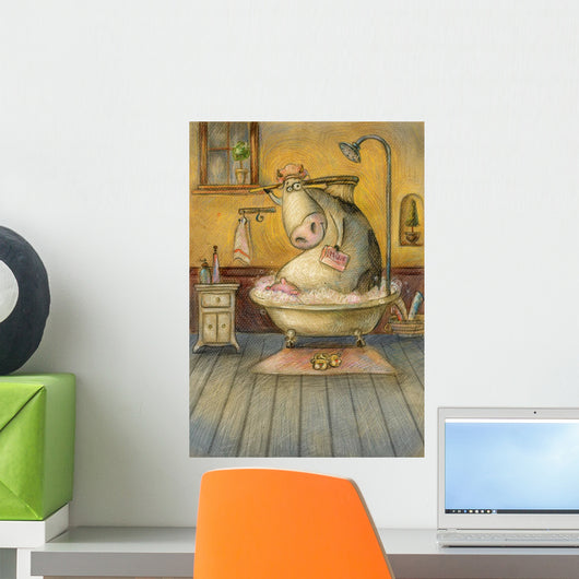 Cute cow washing herself Wall Mural
