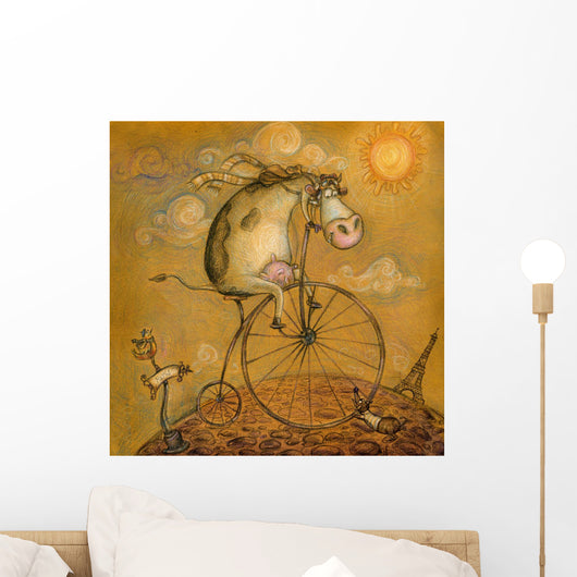 Cute cow on the bicycle Wall Mural