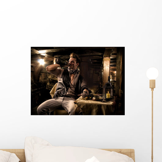 Pirate Drinking from Bottle in Ship Quarters Wall Mural